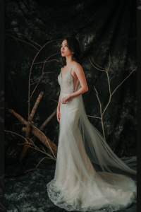 201RYW01 Mia Champagne Spag Geometry Trumpet 5 Bridal event wedding dress reception rental custom make