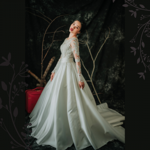 808LLW01 Laily long sleeves guipure lace duchess satin A line 6 Long Sleeves Wedding Dress Rental Malaysia, Pengantin Muslimah Malaysia, Muslim Bride Malaysia, Church wedding dress long Sleeves Malaysia, 