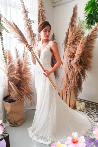 906BY04W01 Carina Deep V illusion back A line stripes 21 Mermaid wedding dress,Baju Pengantin Designer Malaysia, Pengantin Muslimah Malaysia, Wedding Dress rental Kuala Lumpur, 