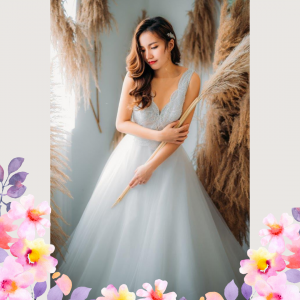 906BY04W04 Harina Deep V scallops A line tulle 5 Wedding Ballgown rental Malaysia, French Chantilly Lace bridal dress custom make malaysia, 