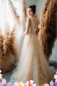 906LLE01 Ghrisha Champagne Floral A line V neck V back 6 Wedding Gown Designer Malaysia, Malay Bride Malaysia, Church Bride Malaysia, 