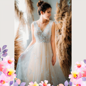 906LLE01 Ghrisha Champagne Floral A line V neck V back 3Bride Wedding Gown Premium Designer Malaysia rental