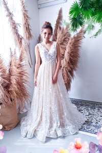 906LLE01 Ghrisha Champagne Floral A line V neck V back 32 Wedding Gown Designer Malaysia, Malay Bride Malaysia, Church Bride Malaysia, 