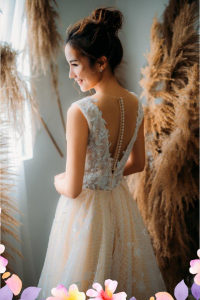 906LLE01 Ghrisha Champagne Floral A line V neck V back 1 Bridal event wedding dress reception rental custom make