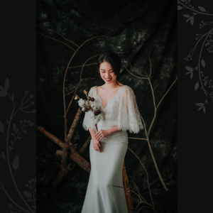909BY05W01 Clara Cape sleeves chantily lace sheath crepe V neck 6 Wedding Dress Rental Minimalist Malaysia, Crepe Wedding Dress Rental Kuala Lumpur, Satin Wedding Dress Rental Kuala Lumpur, ROM wedding gown Kuala Lumpur, Simple wedding dress malaysia, 