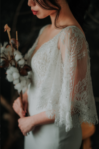 909BY05W01 Clara Cape sleeves chantily lace sheath crepe V neck 2 ROM wedding dress rental Malaysia, Simple wedding dress malaysia, ROM wedding gown Kuala Lumpur, Garden wedding reception Malaysia, 