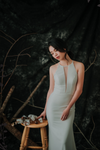 910BY05W01 Carrie Halter Neck Crepe trumpet  V neck 3 ROM wedding dress rental Malaysia, Simple wedding dress malaysia, ROM wedding gown Kuala Lumpur, Garden wedding reception Malaysia, 