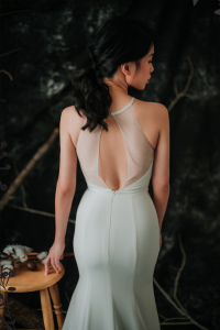 910BY05W01 Carrie Halter Neck Crepe trumpet  V neck 5 ROM wedding dress rental Malaysia, Simple wedding dress malaysia, ROM wedding gown Kuala Lumpur, Garden wedding reception Malaysia, 