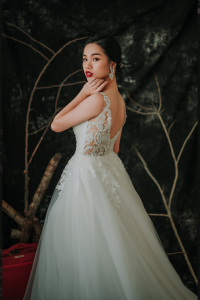 910BY05W02 Barrie Strap V illusion neck A line lace train 2 Garden Wedding Malaysia, Beach Wedding Malaysia, Petite Wedding Gown rental Kuala Lumpur, 