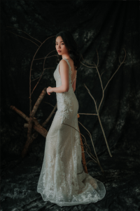 910LLW01 Finona Champagne sequined mermaid with lace with pleated straps 4 Bridal event wedding dress reception rental custom make