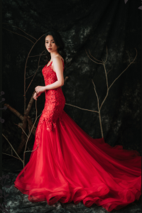 910LLW04 Winona Red Spag strap deep V baroque trumpet 6 Bridal event wedding dress reception rental custom make