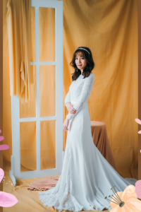 211BY10W03 Isabelle LS Sheath Crepe Scallop top c French Chantilly Lace bridal dress custom make malaysia, Full lace wedding dress malaysia, Simple wedding dress malaysia, ROM wedding gown Kuala Lumpur, 