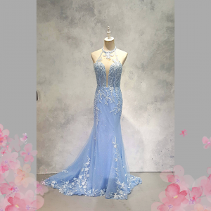 2210EL06E02 Haya Cheongsam Sky Blue floral Oriental Cheong Sam Qi Pao rental Malaysia Kuala Lumpur Petaling Jaya Evening Dress