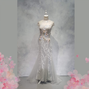 Evening Dress XN71E07 Grey Pink Floral High Neck Cheng Sam 31 Oriental Cheong Sam Qi Pao rental Malaysia Kuala Lumpur Petaling Jaya